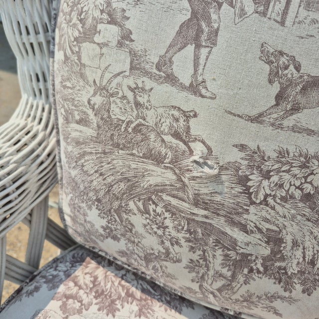 Late 20th Century Vintage White Wicker Large Wingback Lounge Chair W/ Toile Cushions For Sale - Image 11 of 15