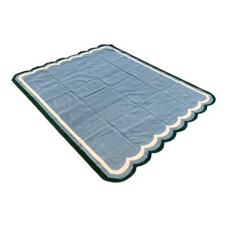 Handmade Woolen Scalloped Rug, Blue With Cream and Forest Green Border - 6'x9' For Sale