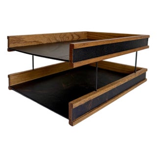 1960s Mid-Century Modern Oak & Black Leatherette Two-Tier Desk Organizer / Letter Tray For Sale