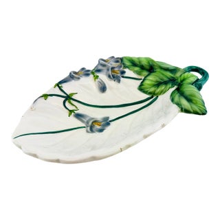 Vintage Italian Majolica Style Ceramic Violet Flower and Leaf Dish For Sale