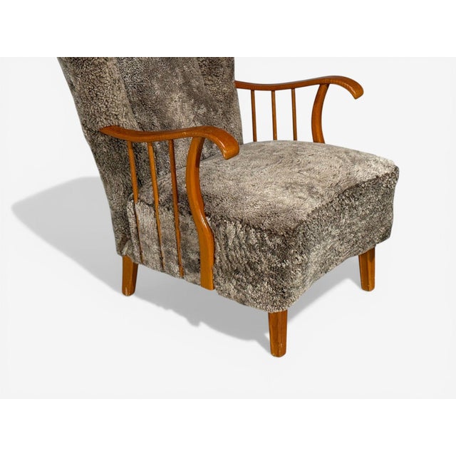 Swedish Modern, Lounge Chairs, Elm, Gray Shearling, Sweden, 1940s For Sale - Image 10 of 16