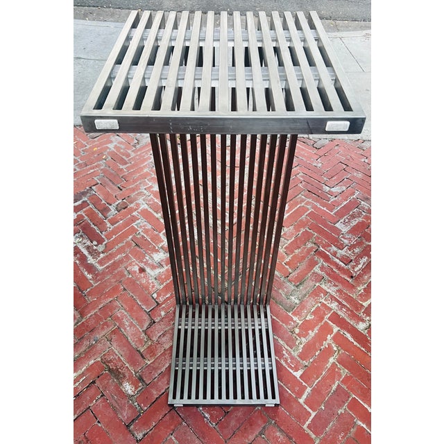 Metal Architectural Stainless Steel Slat Bench With Custom Wool Cushion For Sale - Image 7 of 10