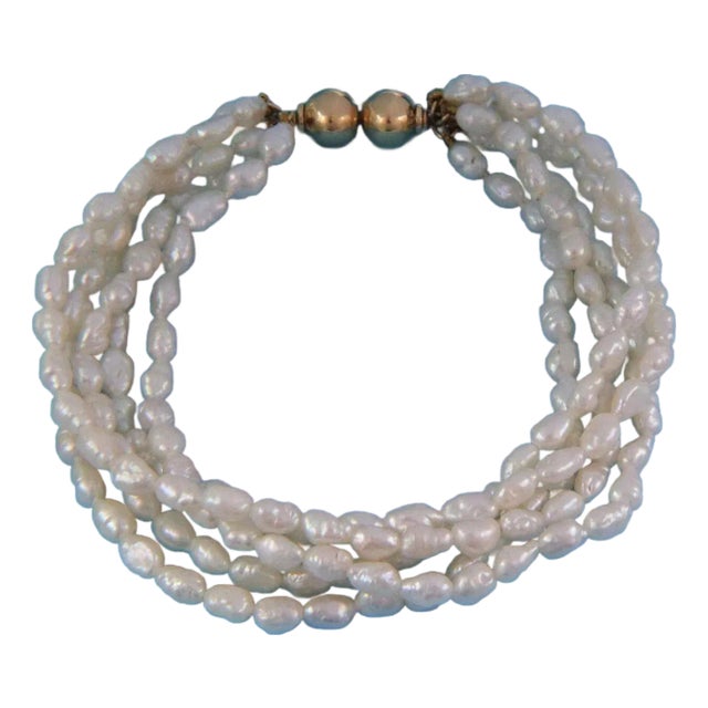Mikimoto 18k Yellow Gold Five Strand Rice Pearls Bracelet For Sale