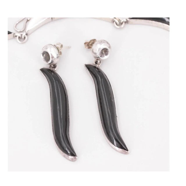 Black Antonio Pineda 1950s Modern Mexico Sterling Collar Necklace & Earrings - Historic-Rare-3 Pieces For Sale - Image 8 of 8