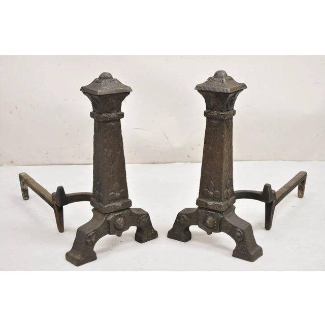 Antique Gothic Arts & Crafts Renaissance Cast Metal Fireplace Andirons - a Pair. Circa Early 20th Century. Measurements:...