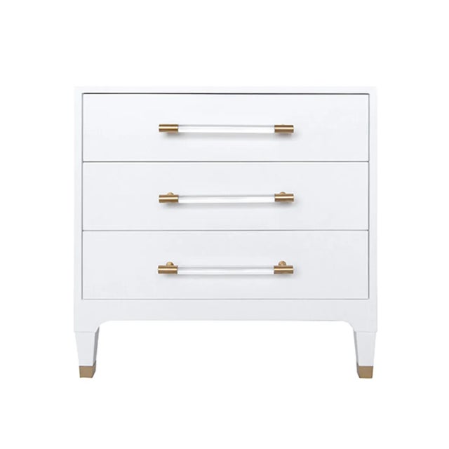 White Matthew Izzo Home Amber White Linen Side Table With Acrylic and Antique Brass Drawer Pulls For Sale - Image 8 of 8