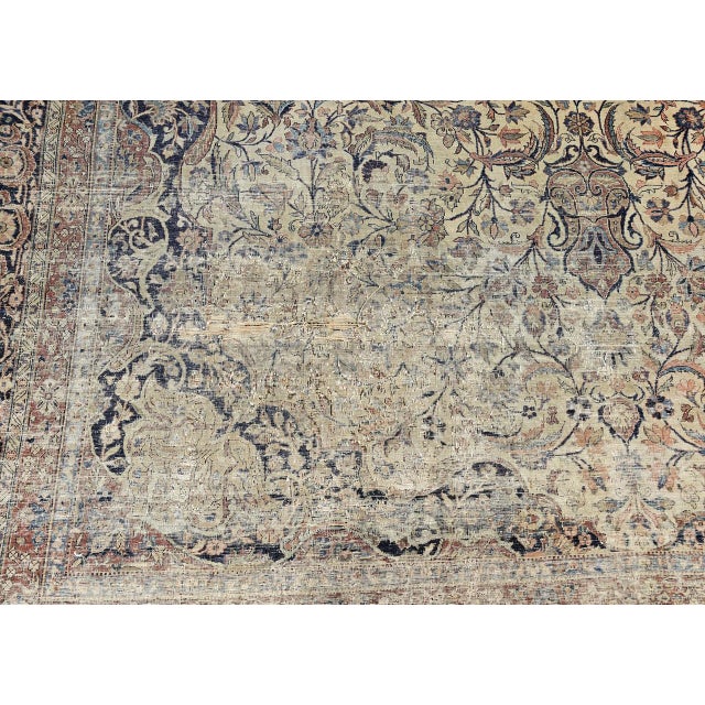 19th Century Persian Kashan Rug, Hand-Knotted Wool & Cotton, Floral Design, Ivory & Navy, 9x12 For Sale - Image 4 of 18