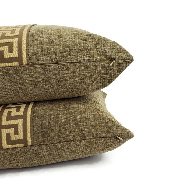 Tan and Black Textured Chenille With Brown and Cream Greek Key Trim Pillow Cover - 20" X 20" Solid Textured Chenille Cushion Cover For Sale - Image 4 of 7