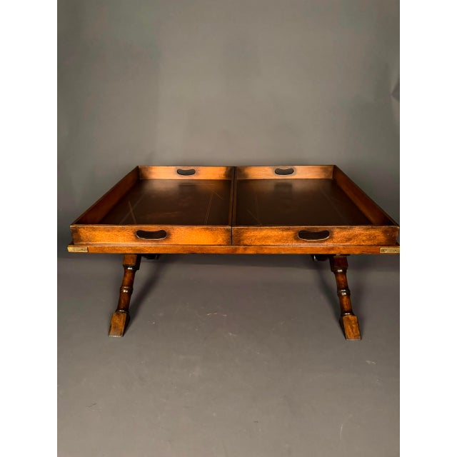 Vintage Campaign Style Mahogany Coffee Table With Removable Leather-Lined Trays & Brass Accents, Circa 1980 For Sale - Image 12 of 13
