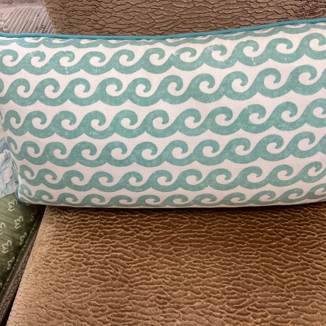 Contemporary Thibaut Wave Print in Aqua With Contrasting Piping in Teal 13” H by 22” Wide For Sale - Image 3 of 3