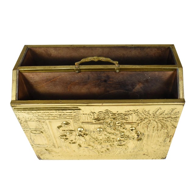 Vintage England Scene Embossed Brass and Wood Magazine Holder Rack by