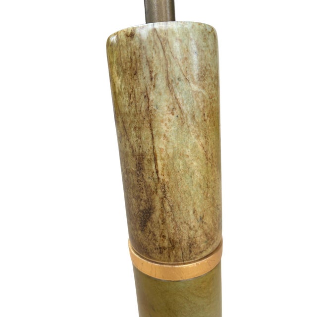 Vintage Mid-Century Jade Column Table Lamp With Cream Lampshade For Sale - Image 10 of 15
