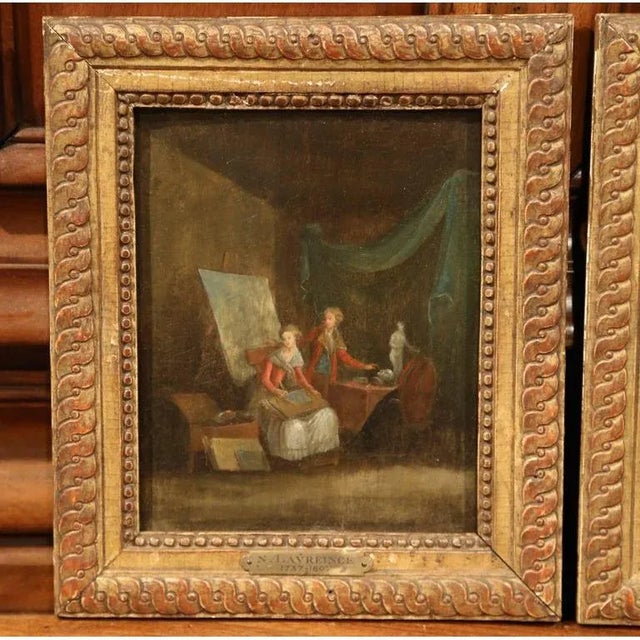 Illustration Pair of 18th Century French Genre Paintings in Carved Gilt Frames For Sale - Image 3 of 9