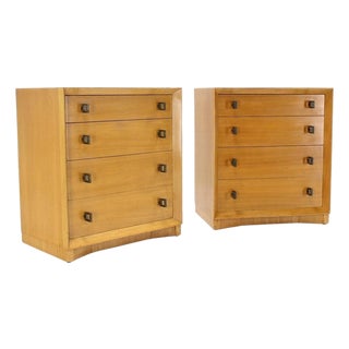Pair of Mid-Century Modern Blonde Bachelor Chests with Heavy Brass Hardware For Sale