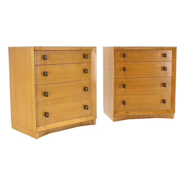Pair of Mid-Century Modern Blonde Bachelor Chests with Heavy Brass Hardware For Sale