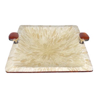 Artisan Made Rosewood Tessellated Bone Bathroom Vanity Dish With Inset Agate Sterling Silver Handles For Sale