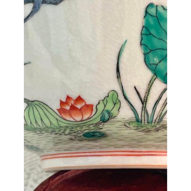 1970s Vintage 10” Hand-Painted Porcelain Lotus & Dragon Centerpiece Bowl With Ming Style Wood Stand For Sale - Image 5 of 11