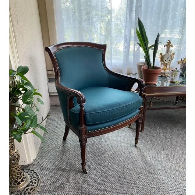 Henredon Traditional Blue Carved Wood Upholstered Armchair For Sale - Image 9 of 10