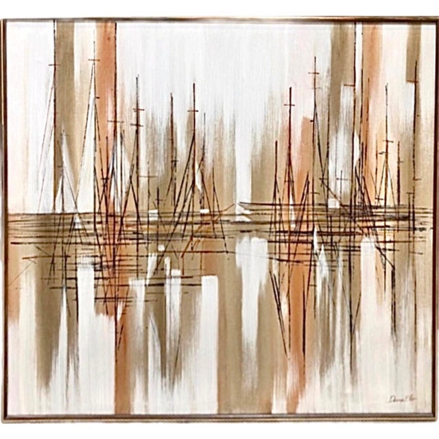 Exceptional Mid Century Dennis Blair Framed Abstract Impressionist Nautical Sailboats Stylized Vertical Linear Sketched Overlay For Sale - Image 14 of 14