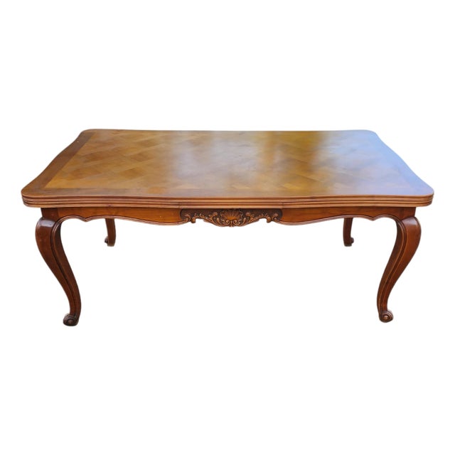 Vintage Solid Cherry Parquetry Top Draw Leaf Dining Room Table , C1960s For Sale