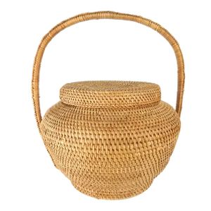 Large Hand-Woven Vintage Basket With Handle and Lid