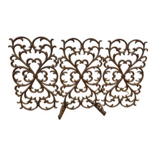 Vintage Spanish Style Heavy Cast Iron Three Panel Brown Fireplace Screen For Sale