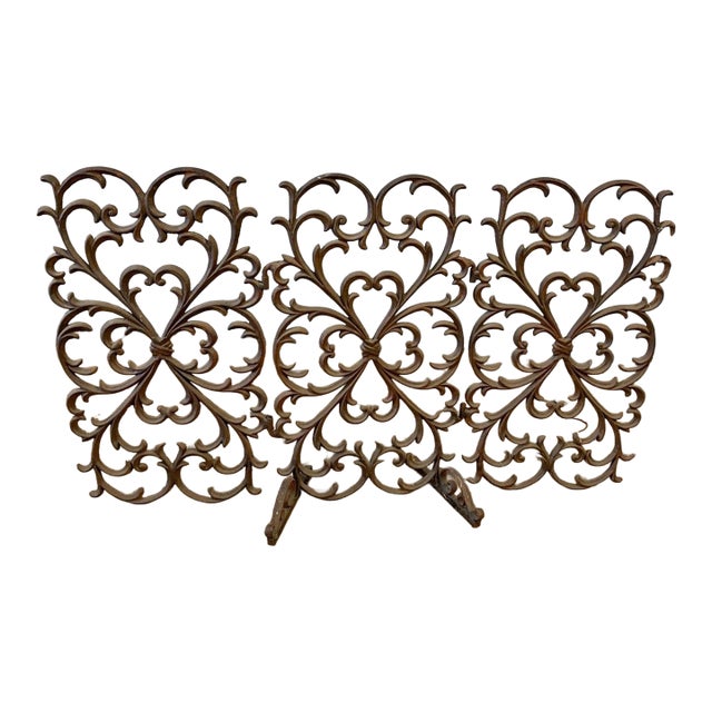 Vintage Spanish Style Heavy Cast Iron Three Panel Brown Fireplace Screen For Sale