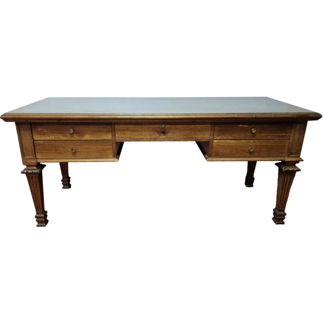 Walnut Desk with Glass Top, 1950s For Sale