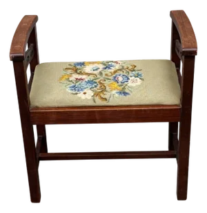 Antique Wood and Upholstered Stool, 1920s