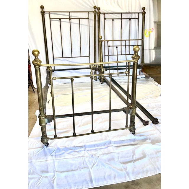 Metal Pair of Antique Victorian Brass Twin Beds With Original Cast Iron Dovetail Rails For Sale - Image 7 of 17