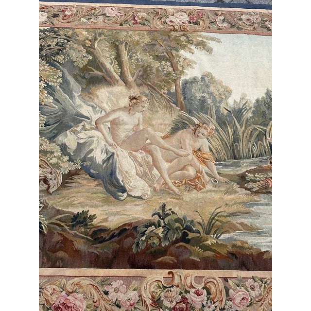 Antique French Handwoven Tapestry with Diane Return of Hunt Scene from Aubusson, 1940s For Sale - Image 4 of 18