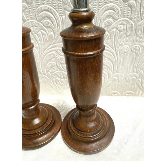 Antique 1890's Oak English Candlesticks Silver Leaf Tops- a Pair For Sale - Image 9 of 11