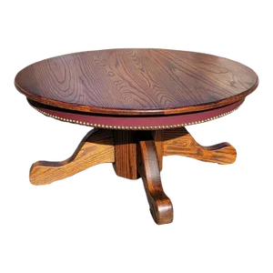 American Mission Oak Pedestal Round Cocktail Table With Leatherette and Nail Trim Apron