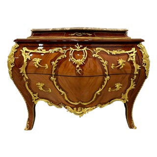 Grand French Rococo Marble Top Dresser With Ornate Carved Wood & Gold Leaf For Sale