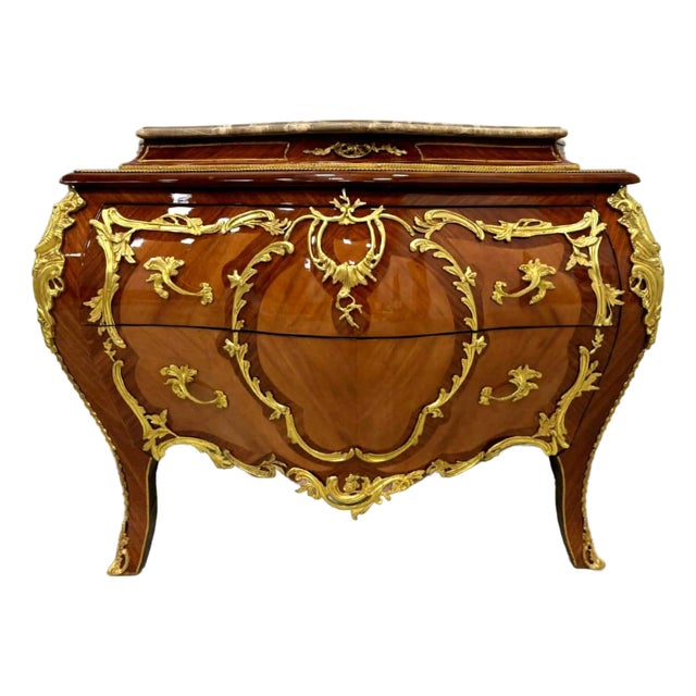 Grand French Rococo Marble Top Dresser With Ornate Carved Wood & Gold Leaf For Sale