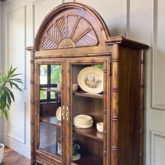 Vintage Faux Bamboo Arched Cabinet | Tall Glass Curio | Hutch For Sale - Image 9 of 10
