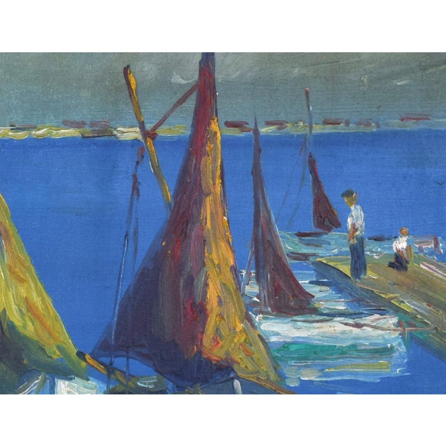 Mid 20th Century Danish Mid Century Modern Harbor Seascape With Boats For Sale - Image 5 of 7