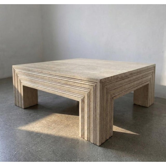 Mid-Century Modern Travertine Coffee Table – Square Stone Living Room Table For Sale - Image 3 of 6