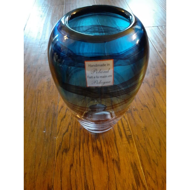 1980s Hand Blown Art Glass Made in Poland Blue/Amethyst Vase For Sale - Image 4 of 6