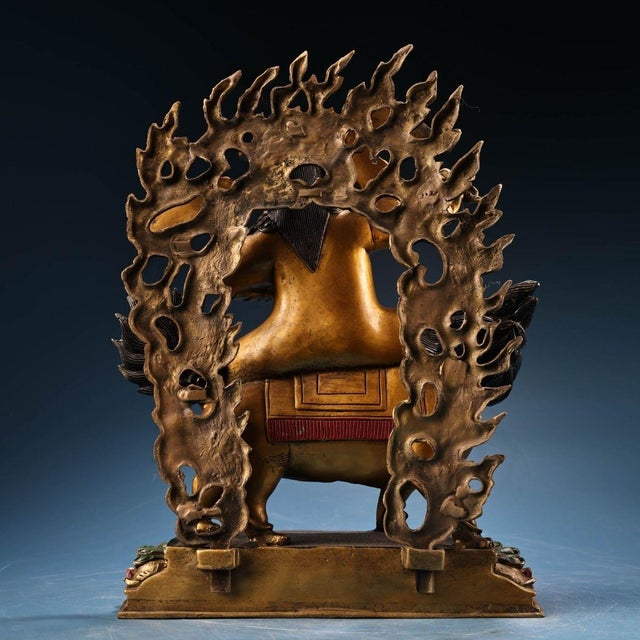 Brass Vintage Tibetan Painted Gilded Bronze Dorje Shugden Protector Buddha Statue on Lion For Sale - Image 8 of 10