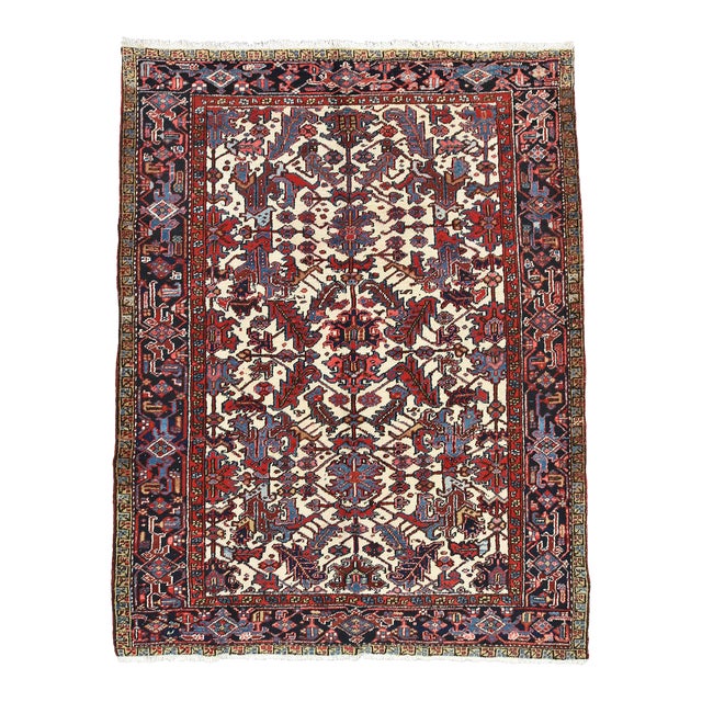 Heriz Rug 7' X 8'11'' Ivory Wool Tribal Semi-Antique Hand-Knotted Carpet For Sale