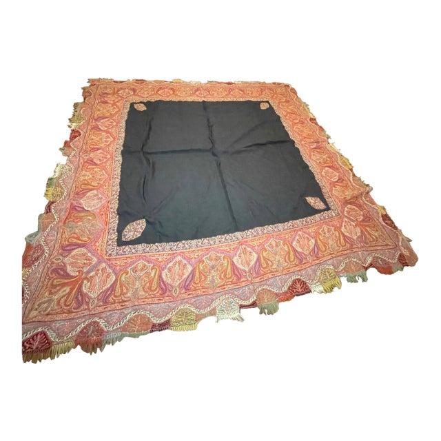 Share Huge Antique 1800's Victorian Kashmir Wool Paisley Shawl Embroidery Tapestry Art For Sale