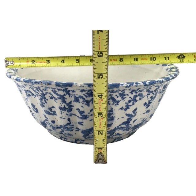 Large 11 1/2 Inch Size Antique American Blue Spongeware Decorated Stoneware Kitchen Mixing Bowl For Sale - Image 10 of 13