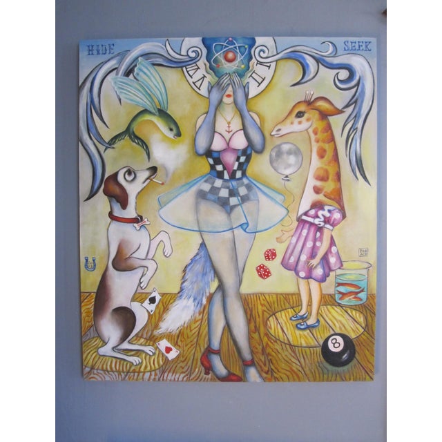 Hide and Seek features a whimsical scene where a figure with a playful expression covers her eyes, surrounded by an...