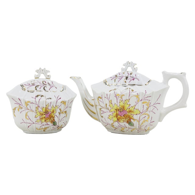 Vintage Hand-Painted Porcelain Tea Set With Floral & Gold Details For Sale - Image 9 of 9