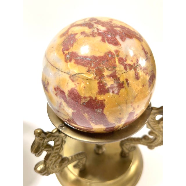 Metal Vintage Marble Stone Spheres Balls on Brass Pedestal - Set of 3 For Sale - Image 7 of 10