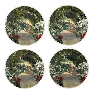 Late 20th Century Gien France Fabric Moireau Painting Series Appetizer Plates - Set of 4 For Sale