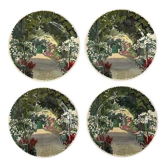 Late 20th Century Gien France Fabric Moireau Painting Series Appetizer Plates - Set of 4 For Sale