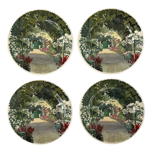 Late 20th Century Gien France Fabric Moireau Painting Series Appetizer Plates - Set of 4