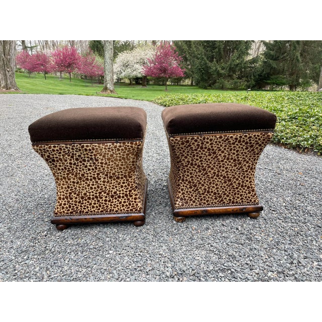 Exotic Pair of Animal Print Upholstered Ottomans For Sale - Image 12 of 13
